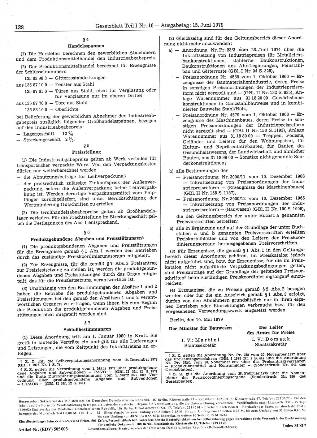 Gesetzblatt (GBl.) der Deutschen Demokratischen Republik (DDR) Teil Ⅰ 1979, Seite 138 (GBl. DDR Ⅰ 1979, S. 138)