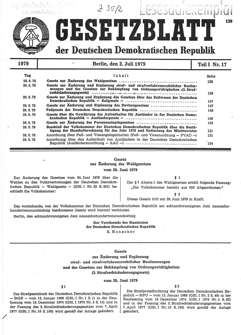 Gesetzblatt (GBl.) der Deutschen Demokratischen Republik (DDR) Teil Ⅰ 1979, Seite 139 (GBl. DDR Ⅰ 1979, S. 139)