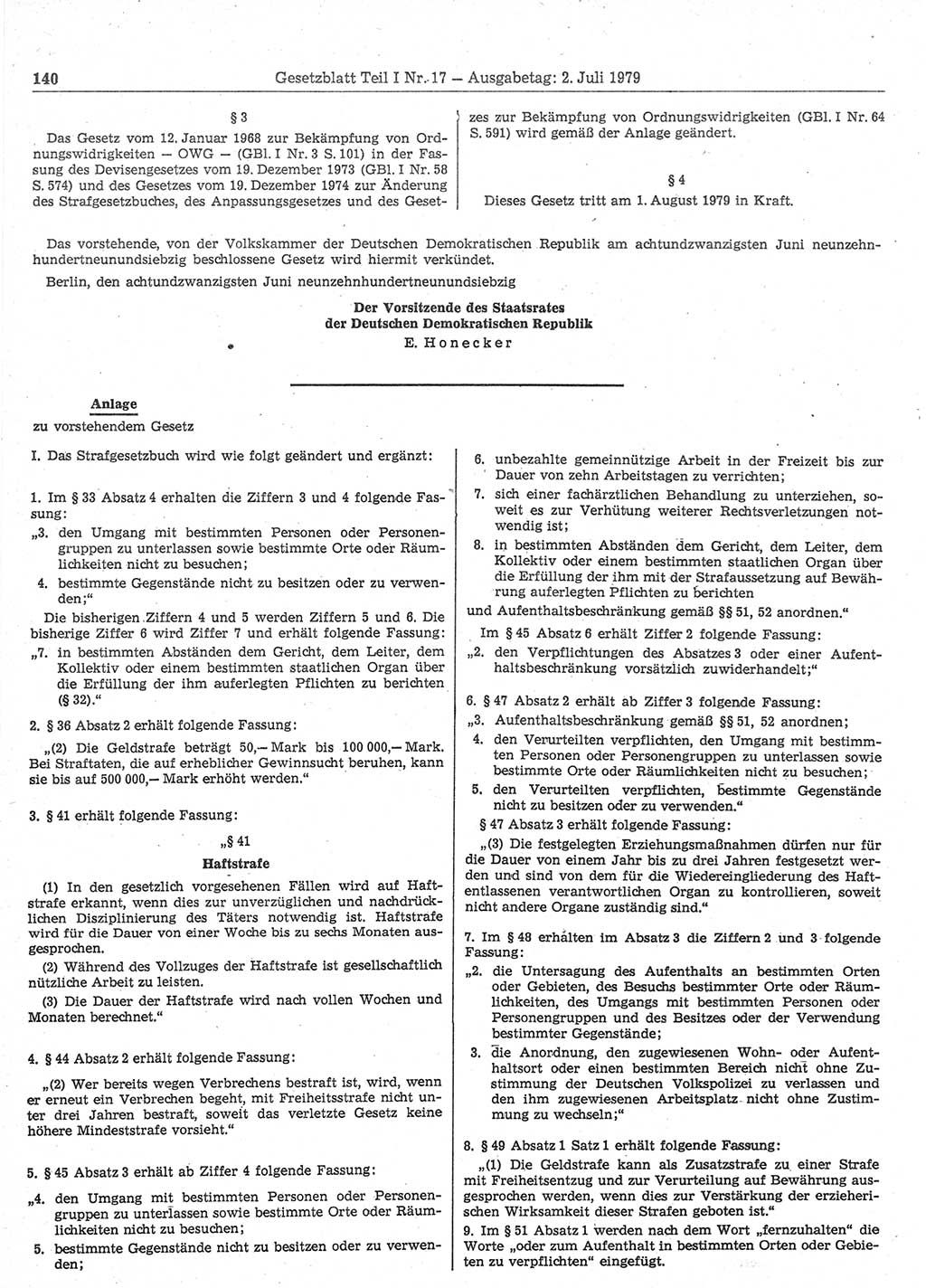 Gesetzblatt (GBl.) der Deutschen Demokratischen Republik (DDR) Teil Ⅰ 1979, Seite 140 (GBl. DDR Ⅰ 1979, S. 140)