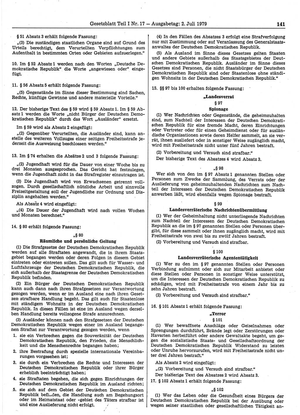 Gesetzblatt (GBl.) der Deutschen Demokratischen Republik (DDR) Teil Ⅰ 1979, Seite 141 (GBl. DDR Ⅰ 1979, S. 141)