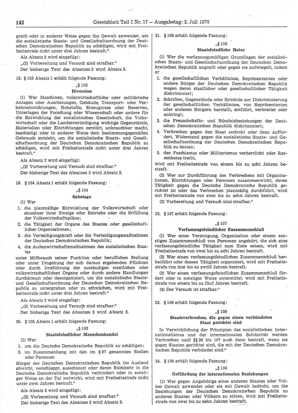 Gesetzblatt (GBl.) der Deutschen Demokratischen Republik (DDR) Teil Ⅰ 1979, Seite 142 (GBl. DDR Ⅰ 1979, S. 142)