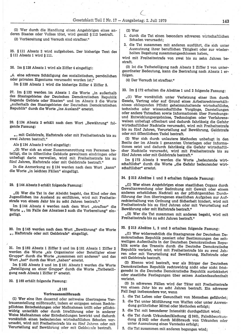 Gesetzblatt (GBl.) der Deutschen Demokratischen Republik (DDR) Teil Ⅰ 1979, Seite 143 (GBl. DDR Ⅰ 1979, S. 143)