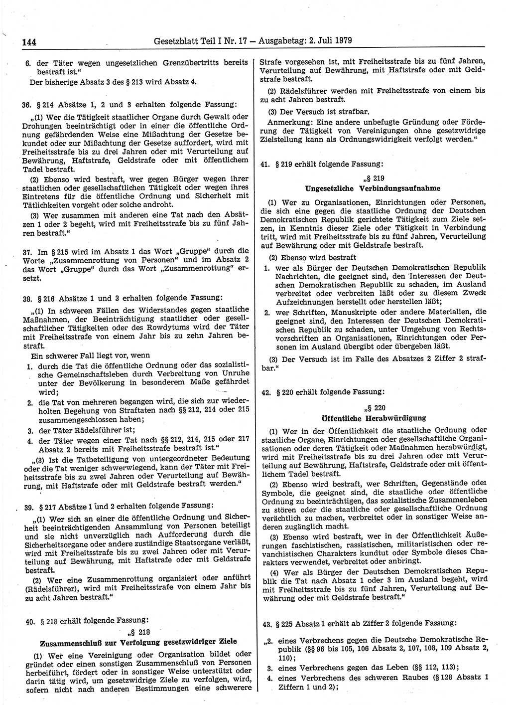 Gesetzblatt (GBl.) der Deutschen Demokratischen Republik (DDR) Teil Ⅰ 1979, Seite 144 (GBl. DDR Ⅰ 1979, S. 144)