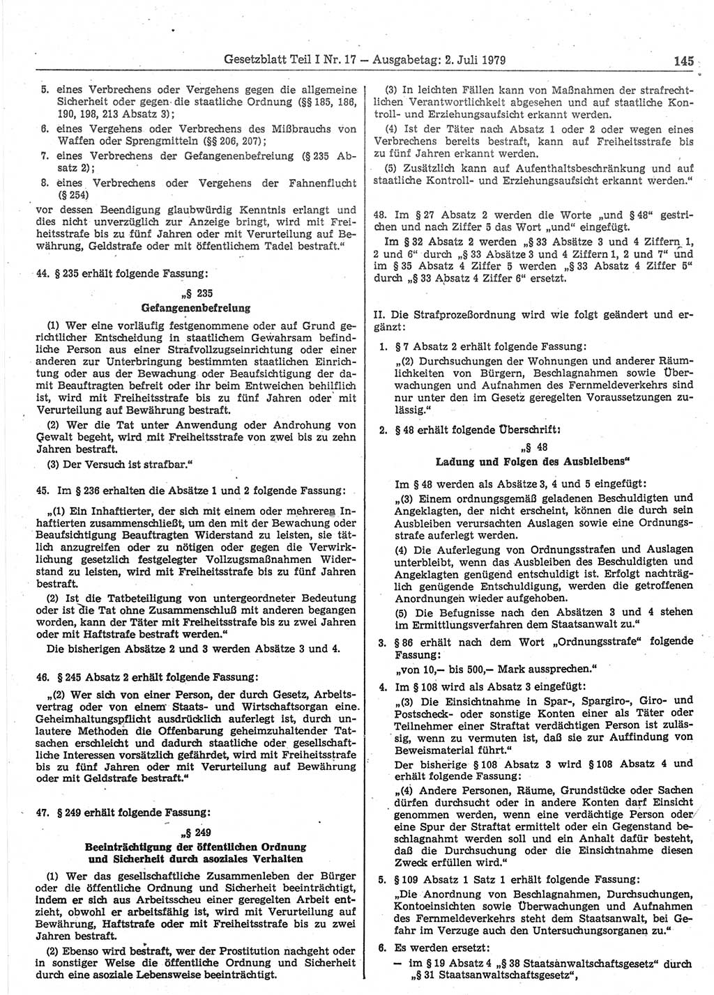 Gesetzblatt (GBl.) der Deutschen Demokratischen Republik (DDR) Teil Ⅰ 1979, Seite 145 (GBl. DDR Ⅰ 1979, S. 145)