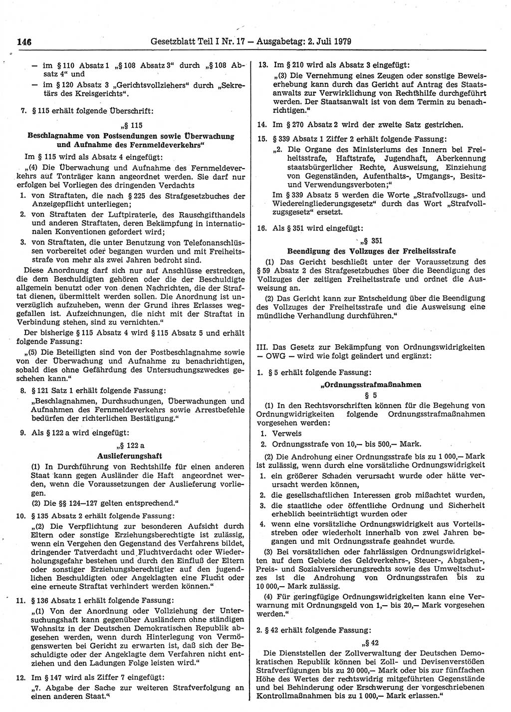 Gesetzblatt (GBl.) der Deutschen Demokratischen Republik (DDR) Teil Ⅰ 1979, Seite 146 (GBl. DDR Ⅰ 1979, S. 146)