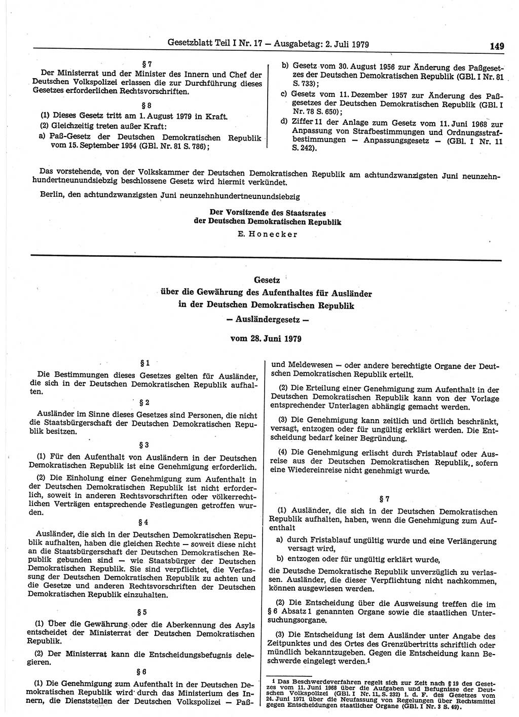 Gesetzblatt (GBl.) der Deutschen Demokratischen Republik (DDR) Teil Ⅰ 1979, Seite 149 (GBl. DDR Ⅰ 1979, S. 149)