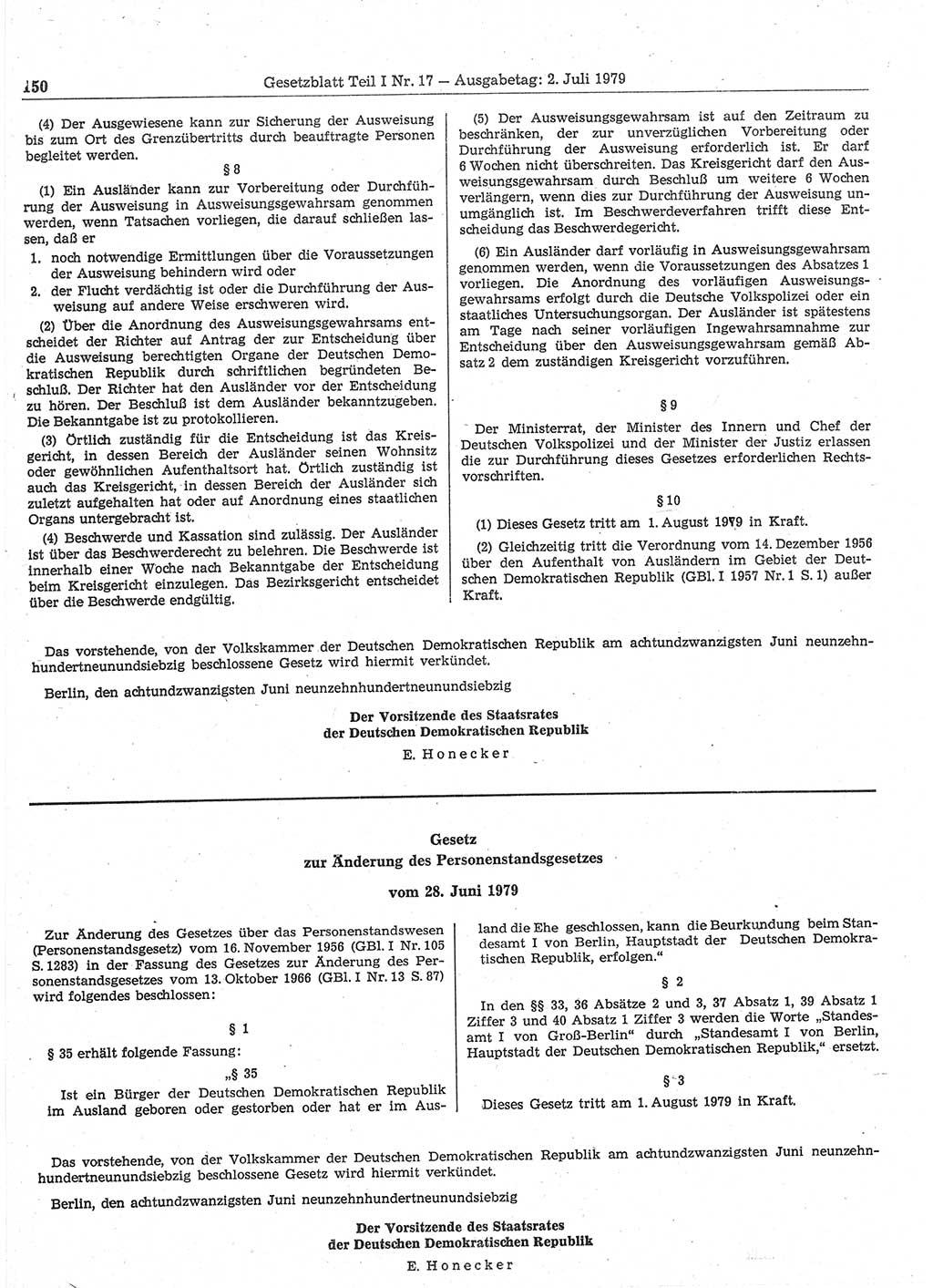 Gesetzblatt (GBl.) der Deutschen Demokratischen Republik (DDR) Teil Ⅰ 1979, Seite 150 (GBl. DDR Ⅰ 1979, S. 150)