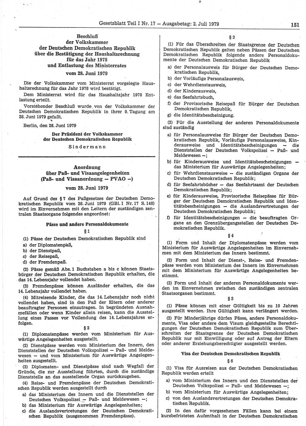 Gesetzblatt (GBl.) der Deutschen Demokratischen Republik (DDR) Teil Ⅰ 1979, Seite 151 (GBl. DDR Ⅰ 1979, S. 151)