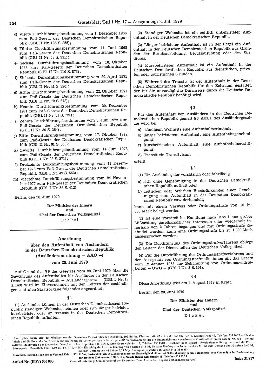 Gesetzblatt (GBl.) der Deutschen Demokratischen Republik (DDR) Teil Ⅰ 1979, Seite 154 (GBl. DDR Ⅰ 1979, S. 154)