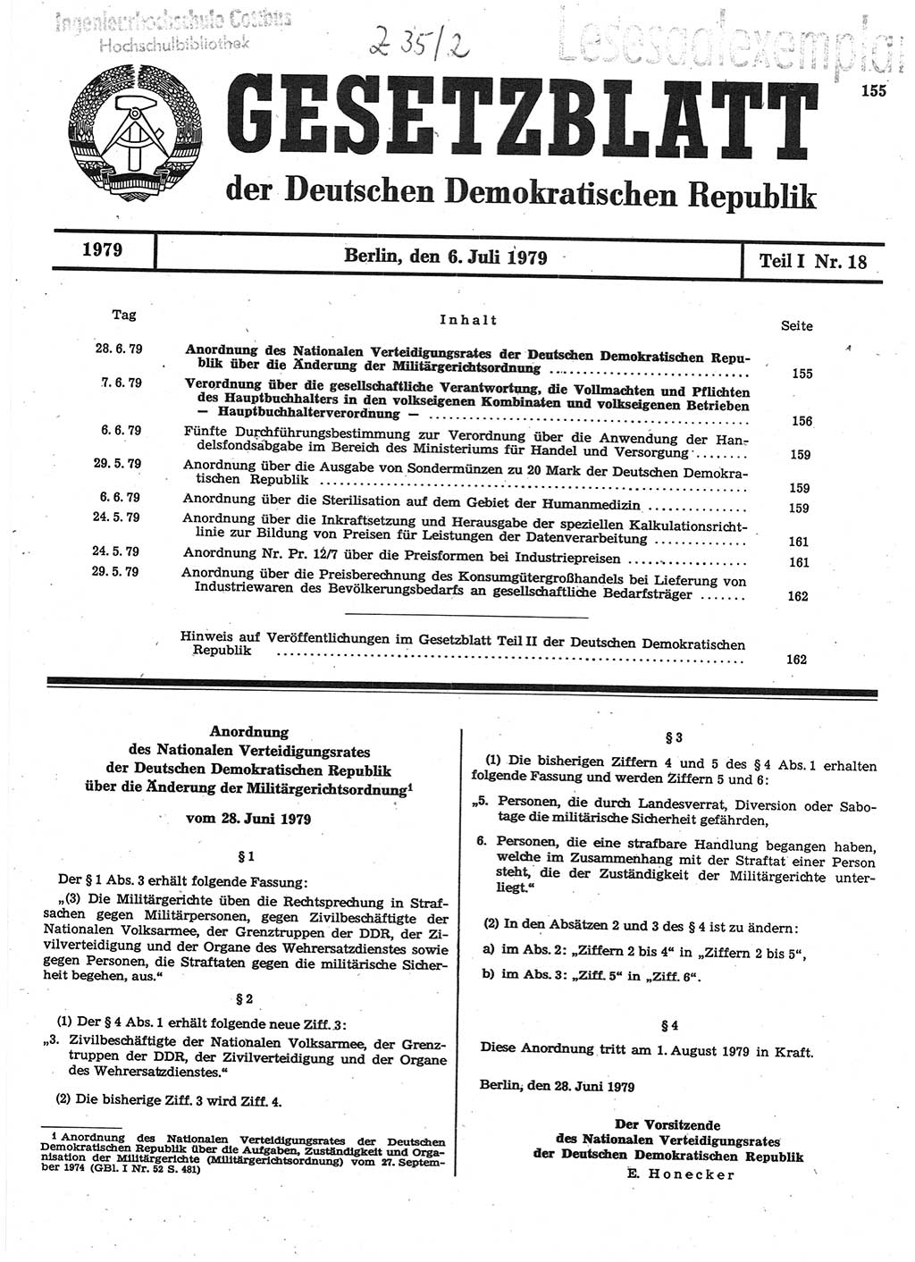 Gesetzblatt (GBl.) der Deutschen Demokratischen Republik (DDR) Teil Ⅰ 1979, Seite 155 (GBl. DDR Ⅰ 1979, S. 155)