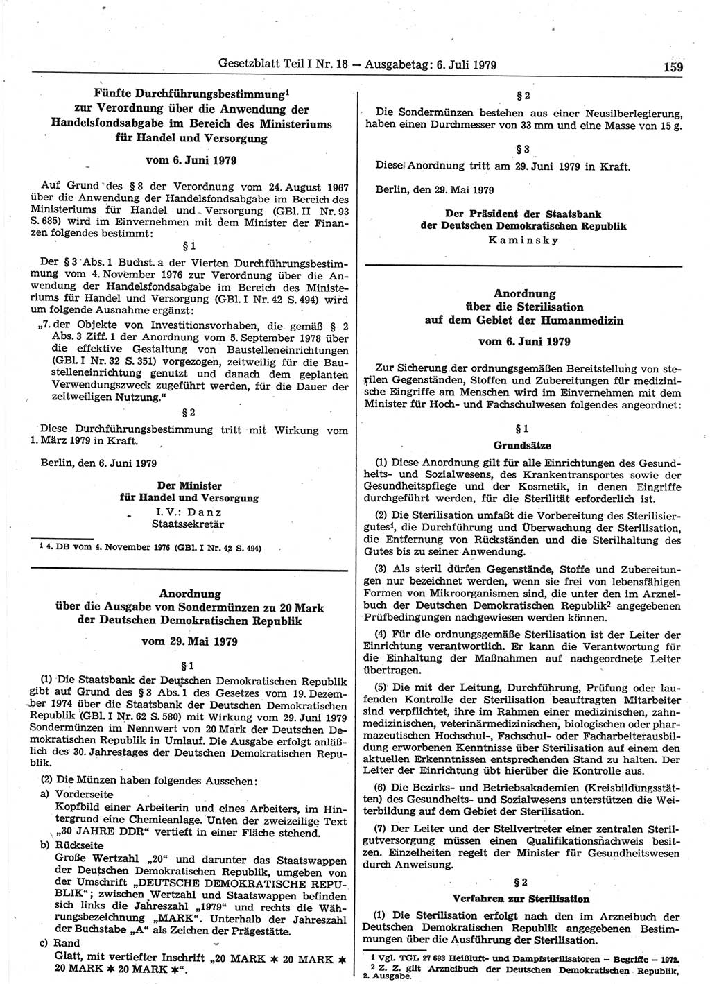 Gesetzblatt (GBl.) der Deutschen Demokratischen Republik (DDR) Teil Ⅰ 1979, Seite 159 (GBl. DDR Ⅰ 1979, S. 159)