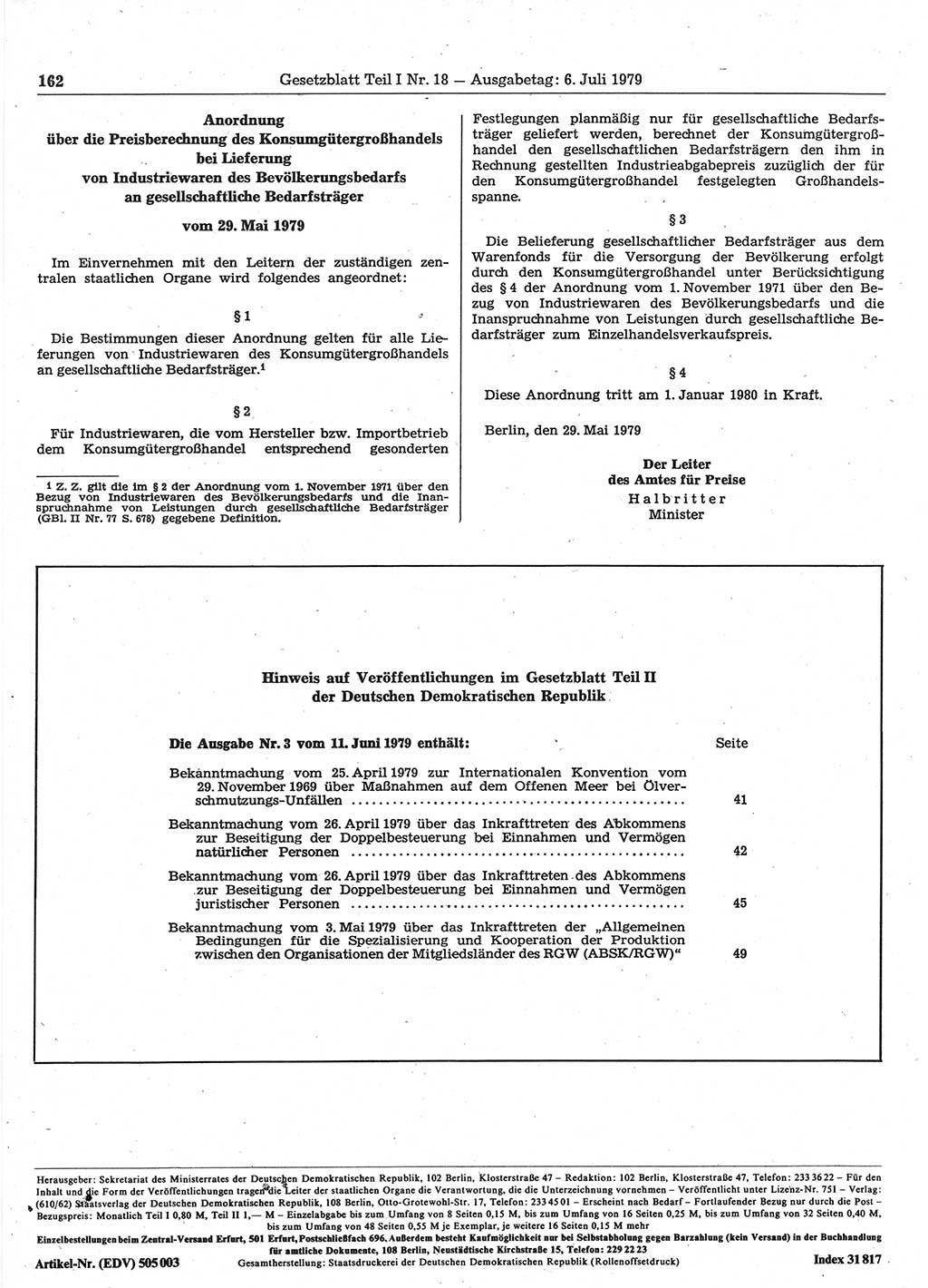 Gesetzblatt (GBl.) der Deutschen Demokratischen Republik (DDR) Teil Ⅰ 1979, Seite 162 (GBl. DDR Ⅰ 1979, S. 162)