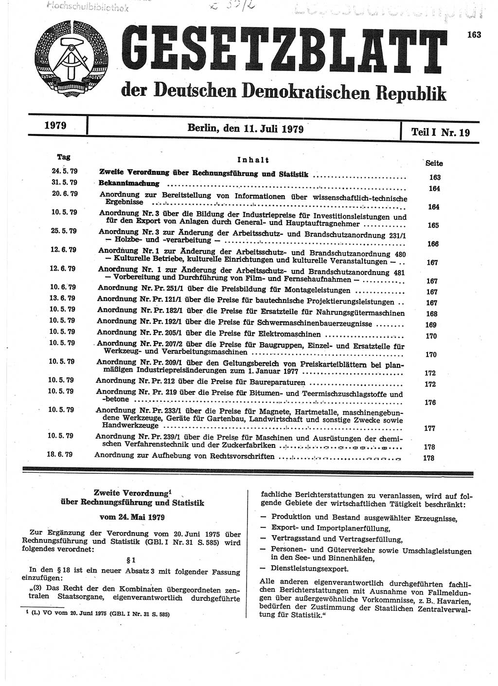 Gesetzblatt (GBl.) der Deutschen Demokratischen Republik (DDR) Teil Ⅰ 1979, Seite 163 (GBl. DDR Ⅰ 1979, S. 163)