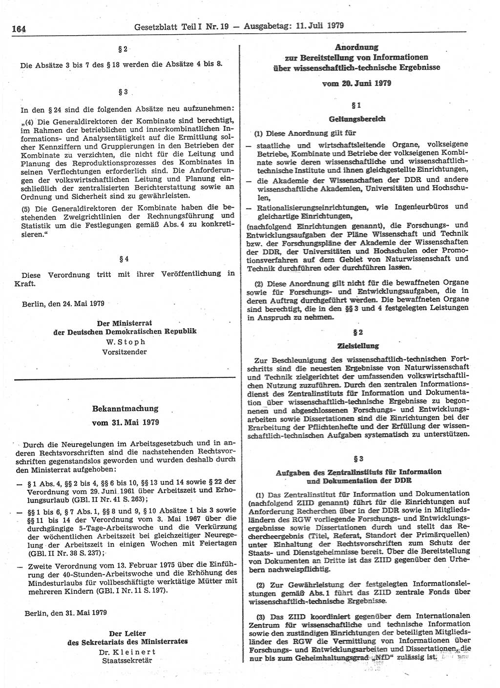 Gesetzblatt (GBl.) der Deutschen Demokratischen Republik (DDR) Teil Ⅰ 1979, Seite 164 (GBl. DDR Ⅰ 1979, S. 164)