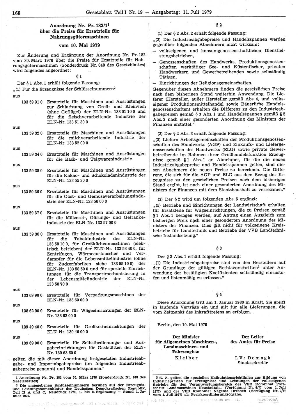 Gesetzblatt (GBl.) der Deutschen Demokratischen Republik (DDR) Teil Ⅰ 1979, Seite 168 (GBl. DDR Ⅰ 1979, S. 168)