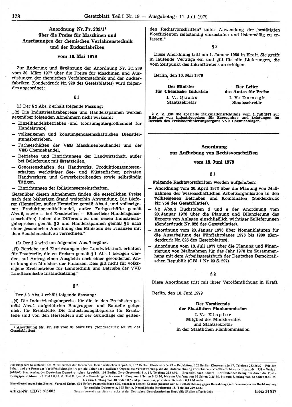 Gesetzblatt (GBl.) der Deutschen Demokratischen Republik (DDR) Teil Ⅰ 1979, Seite 178 (GBl. DDR Ⅰ 1979, S. 178)