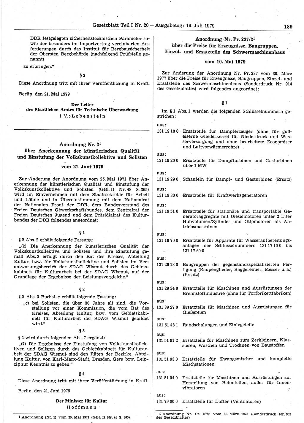 Gesetzblatt (GBl.) der Deutschen Demokratischen Republik (DDR) Teil Ⅰ 1979, Seite 189 (GBl. DDR Ⅰ 1979, S. 189)