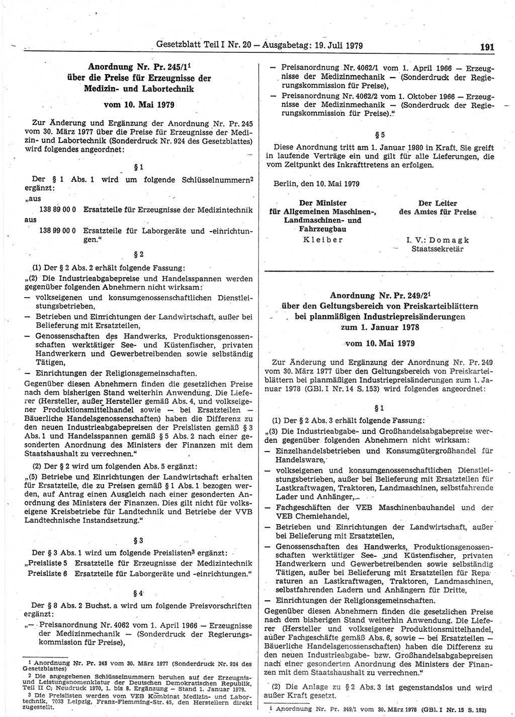 Gesetzblatt (GBl.) der Deutschen Demokratischen Republik (DDR) Teil Ⅰ 1979, Seite 191 (GBl. DDR Ⅰ 1979, S. 191)