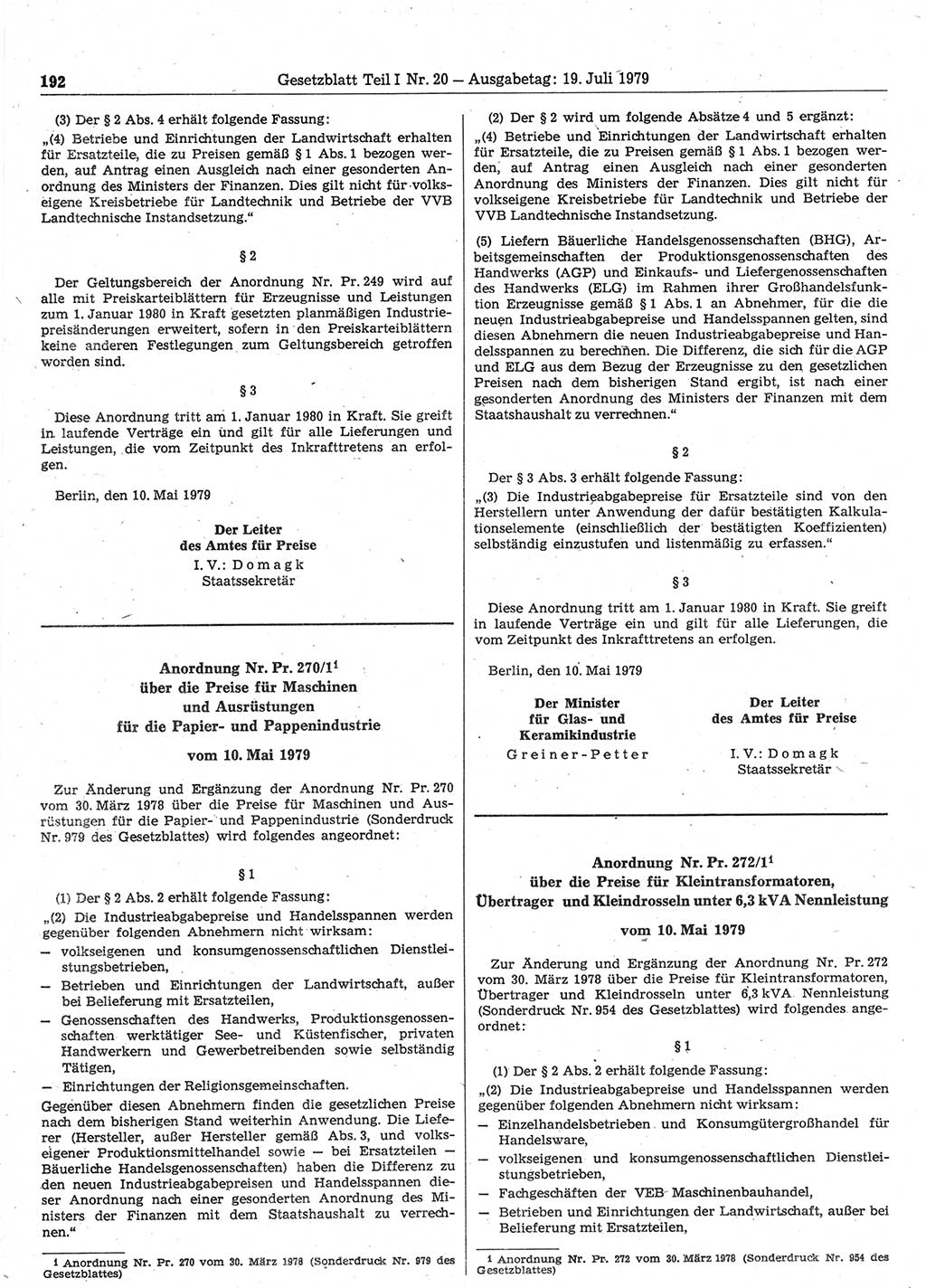 Gesetzblatt (GBl.) der Deutschen Demokratischen Republik (DDR) Teil Ⅰ 1979, Seite 192 (GBl. DDR Ⅰ 1979, S. 192)