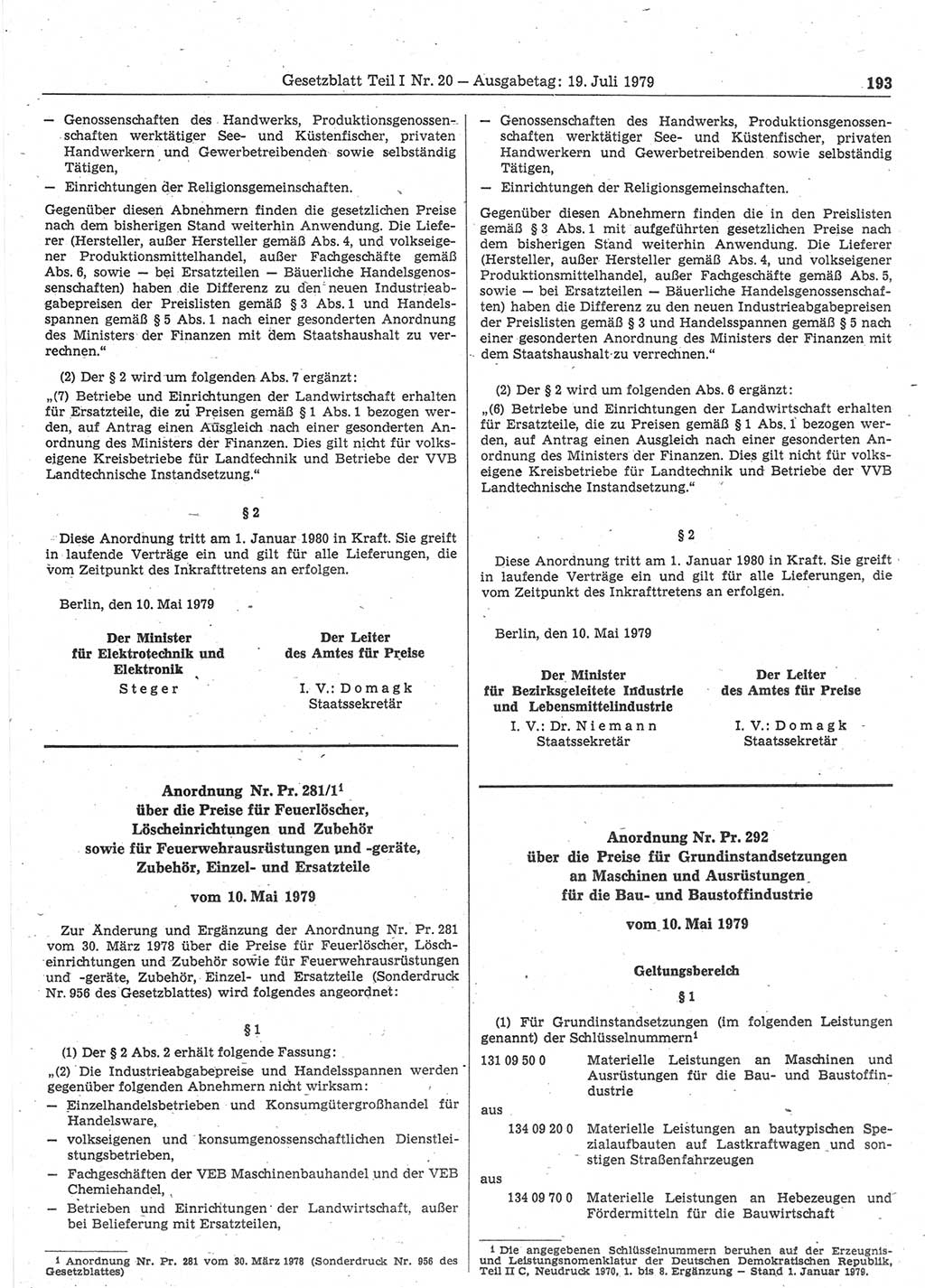 Gesetzblatt (GBl.) der Deutschen Demokratischen Republik (DDR) Teil Ⅰ 1979, Seite 193 (GBl. DDR Ⅰ 1979, S. 193)