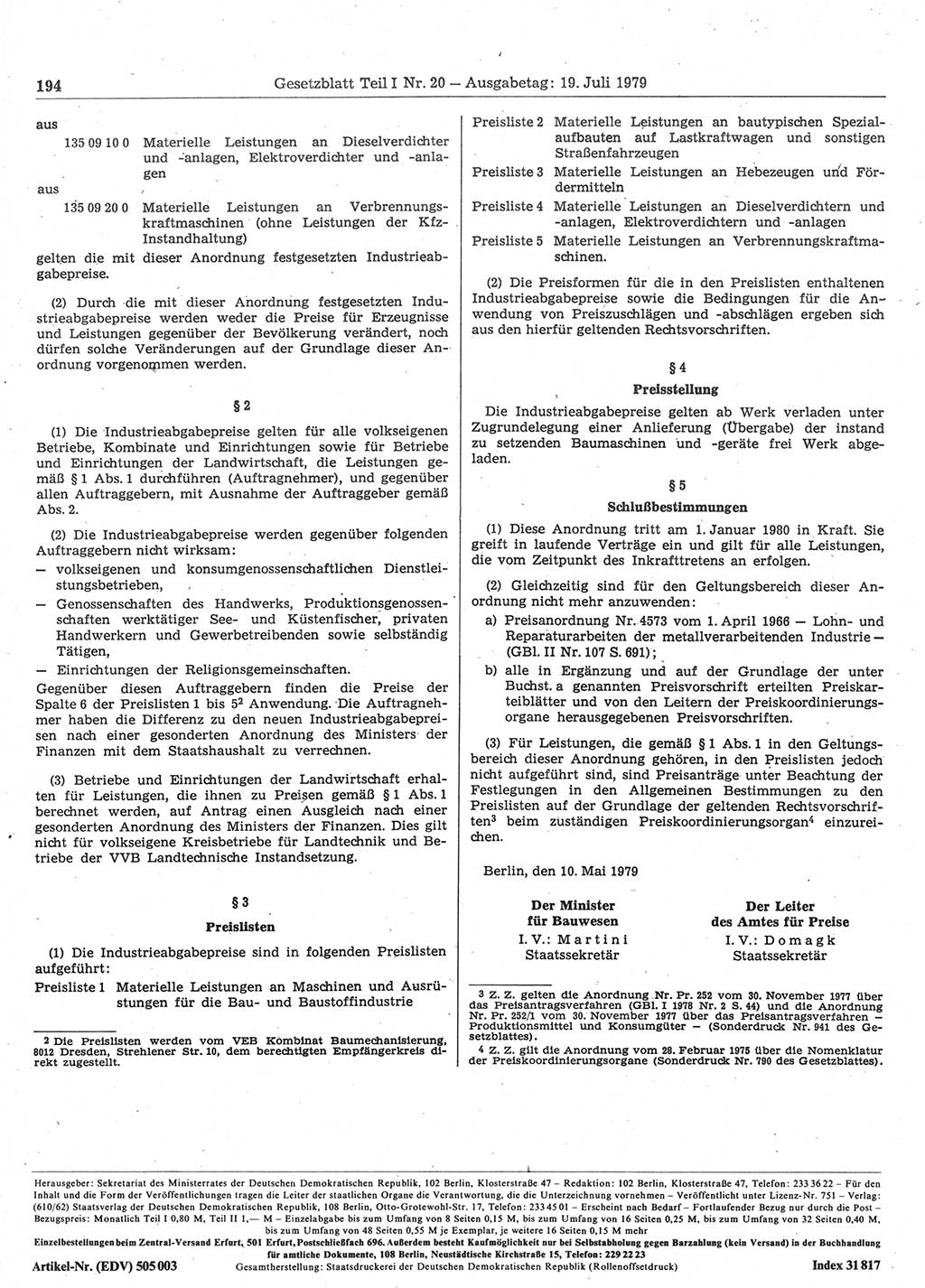 Gesetzblatt (GBl.) der Deutschen Demokratischen Republik (DDR) Teil Ⅰ 1979, Seite 194 (GBl. DDR Ⅰ 1979, S. 194)