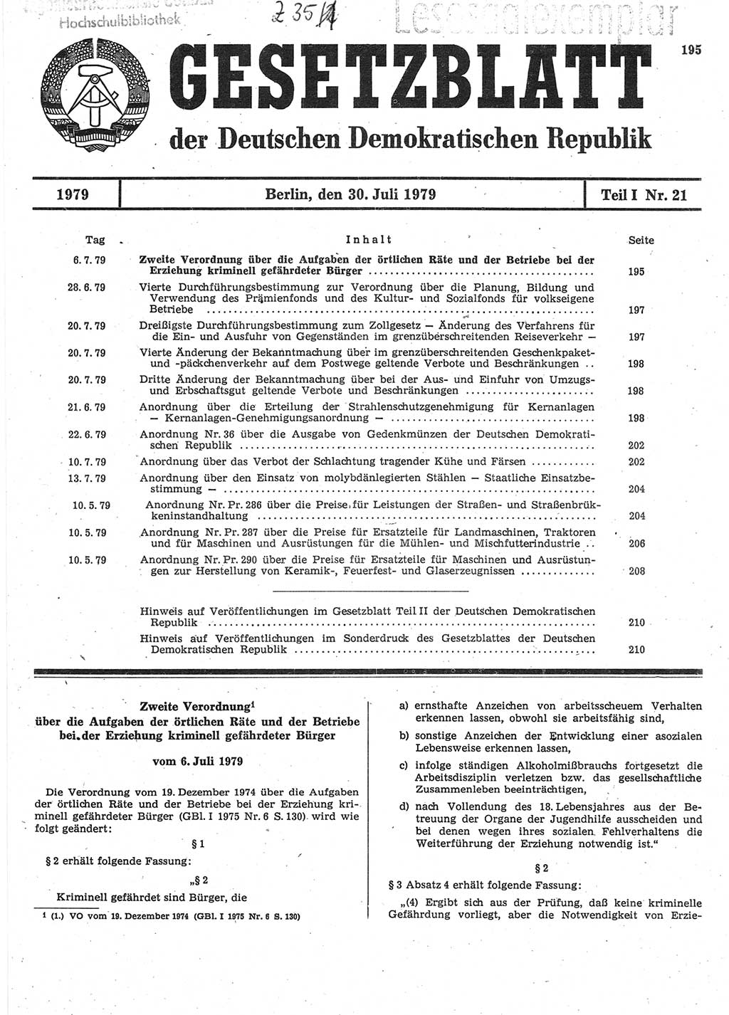 Gesetzblatt (GBl.) der Deutschen Demokratischen Republik (DDR) Teil Ⅰ 1979, Seite 195 (GBl. DDR Ⅰ 1979, S. 195)