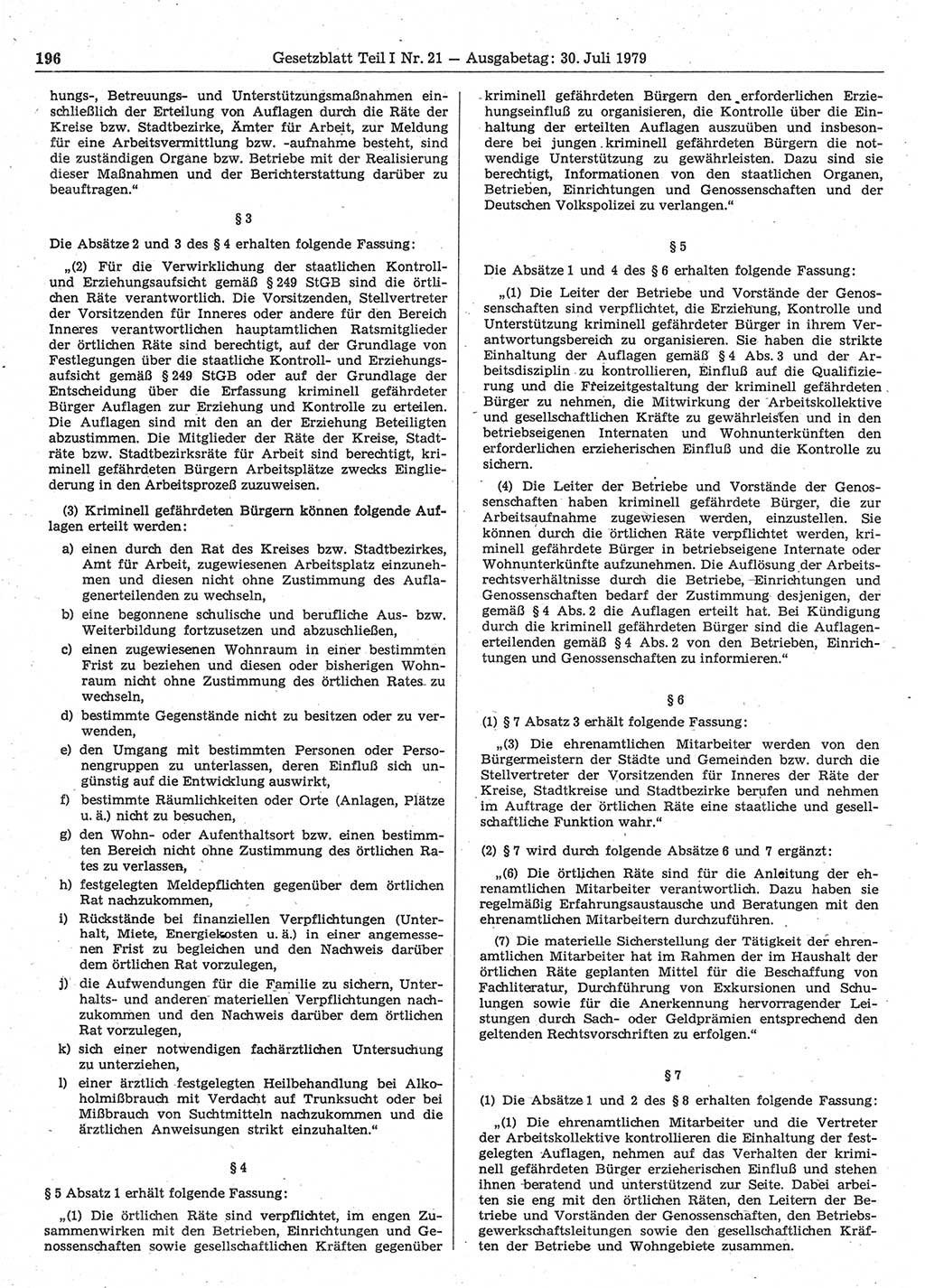 Gesetzblatt (GBl.) der Deutschen Demokratischen Republik (DDR) Teil Ⅰ 1979, Seite 196 (GBl. DDR Ⅰ 1979, S. 196)