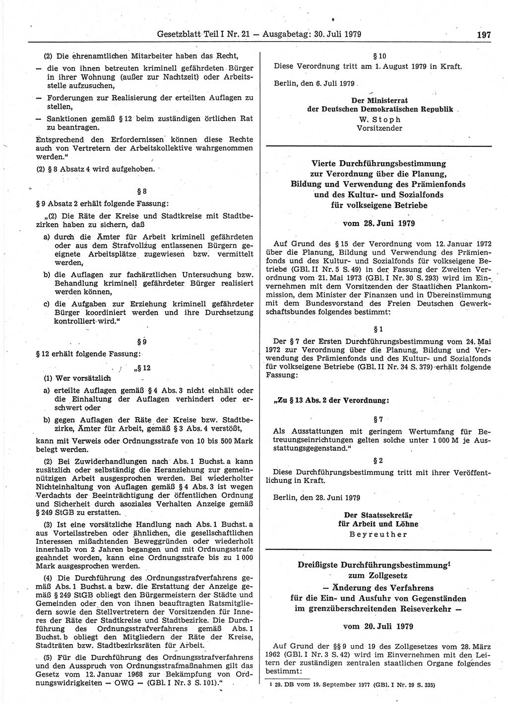 Gesetzblatt (GBl.) der Deutschen Demokratischen Republik (DDR) Teil Ⅰ 1979, Seite 197 (GBl. DDR Ⅰ 1979, S. 197)