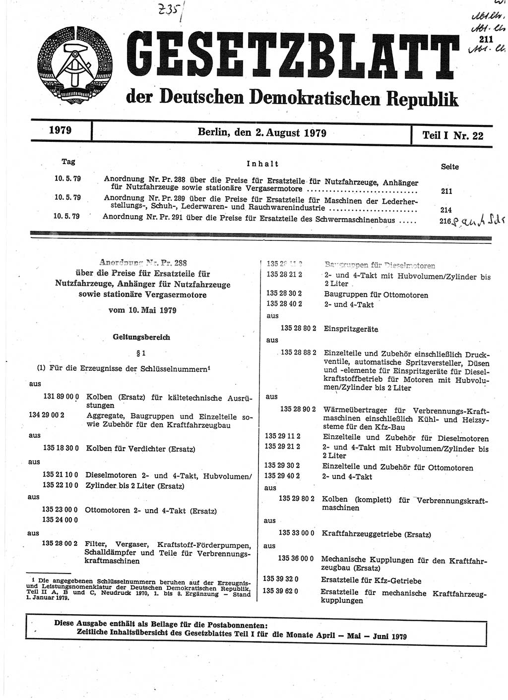 Gesetzblatt (GBl.) der Deutschen Demokratischen Republik (DDR) Teil Ⅰ 1979, Seite 211 (GBl. DDR Ⅰ 1979, S. 211)