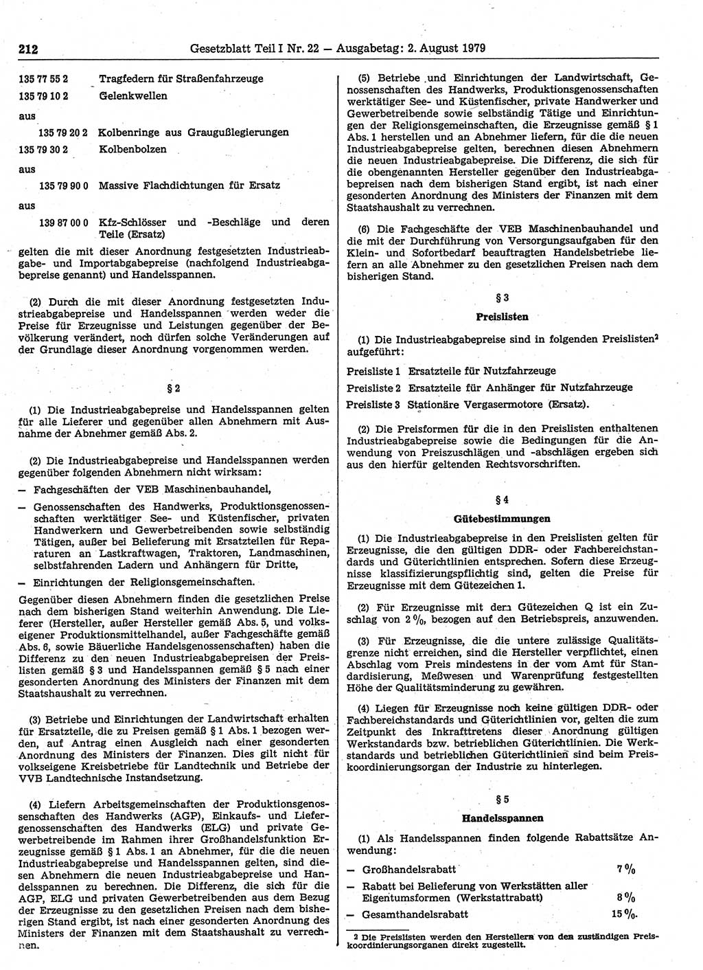 Gesetzblatt (GBl.) der Deutschen Demokratischen Republik (DDR) Teil Ⅰ 1979, Seite 212 (GBl. DDR Ⅰ 1979, S. 212)