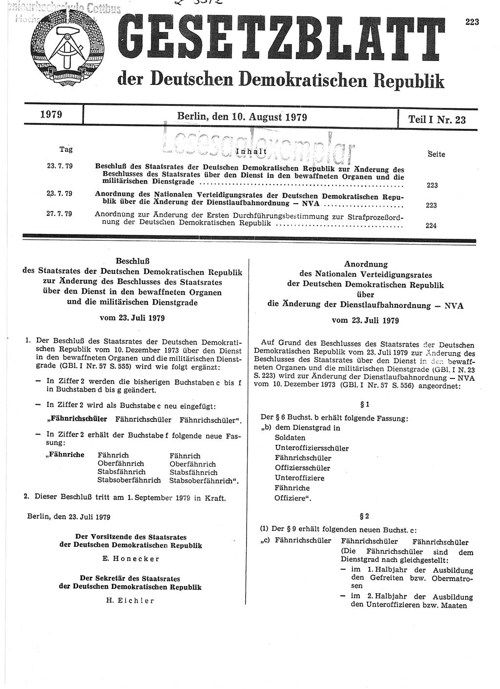 Gesetzblatt (GBl.) der Deutschen Demokratischen Republik (DDR) Teil Ⅰ 1979, Seite 223 (GBl. DDR Ⅰ 1979, S. 223)