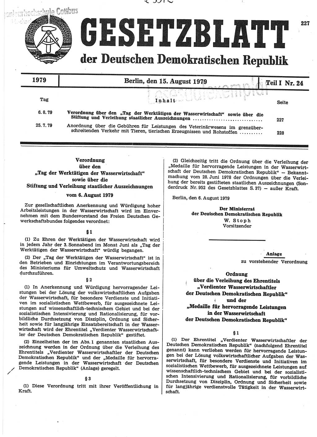Gesetzblatt (GBl.) der Deutschen Demokratischen Republik (DDR) Teil Ⅰ 1979, Seite 227 (GBl. DDR Ⅰ 1979, S. 227)