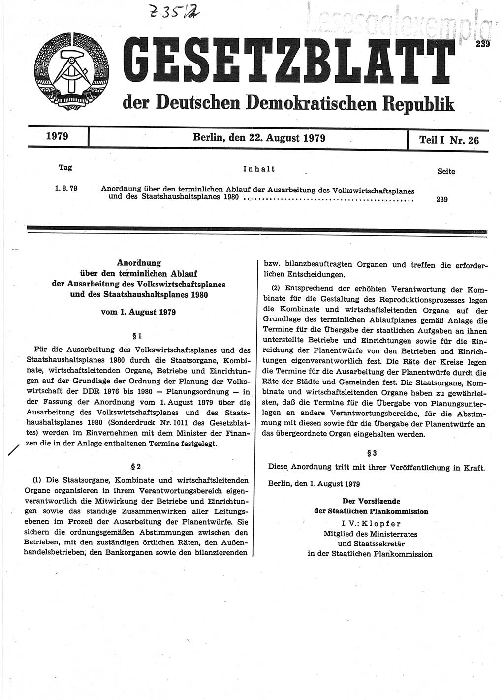 Gesetzblatt (GBl.) der Deutschen Demokratischen Republik (DDR) Teil Ⅰ 1979, Seite 239 (GBl. DDR Ⅰ 1979, S. 239)