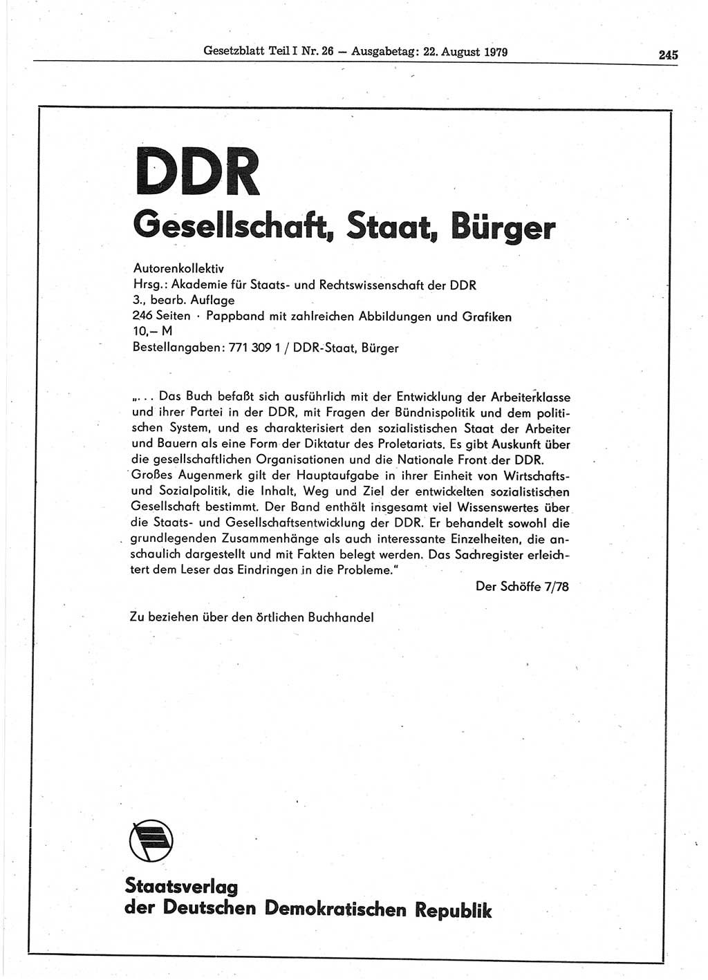Gesetzblatt (GBl.) der Deutschen Demokratischen Republik (DDR) Teil Ⅰ 1979, Seite 245 (GBl. DDR Ⅰ 1979, S. 245)