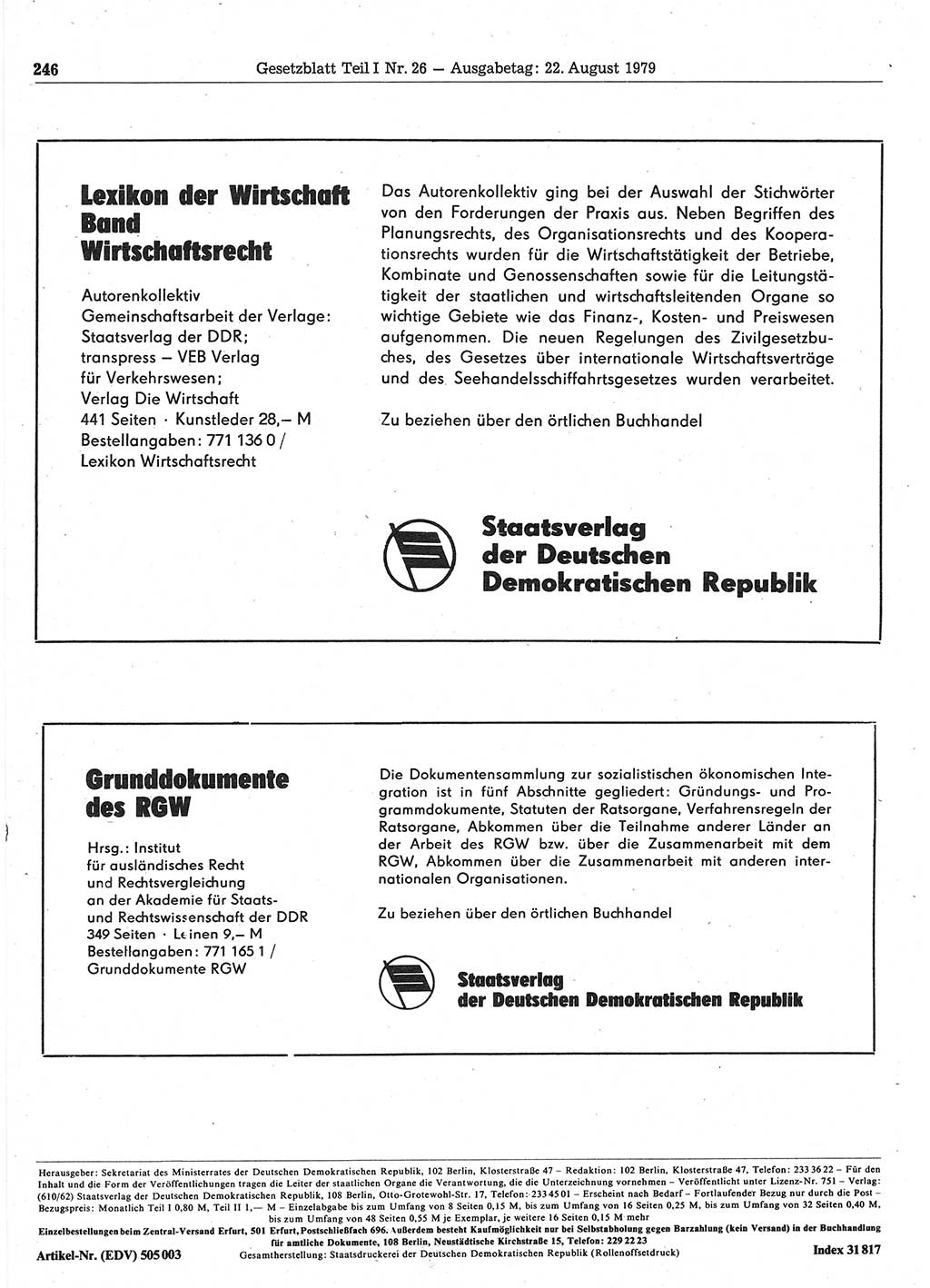Gesetzblatt (GBl.) der Deutschen Demokratischen Republik (DDR) Teil Ⅰ 1979, Seite 246 (GBl. DDR Ⅰ 1979, S. 246)
