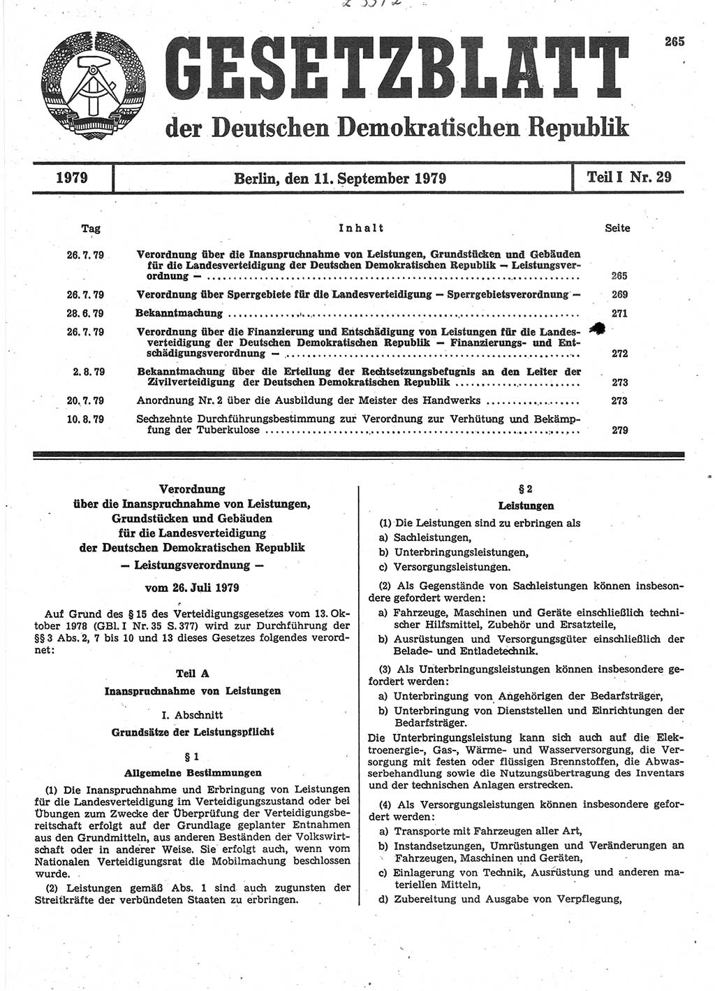 Gesetzblatt (GBl.) der Deutschen Demokratischen Republik (DDR) Teil Ⅰ 1979, Seite 265 (GBl. DDR Ⅰ 1979, S. 265)