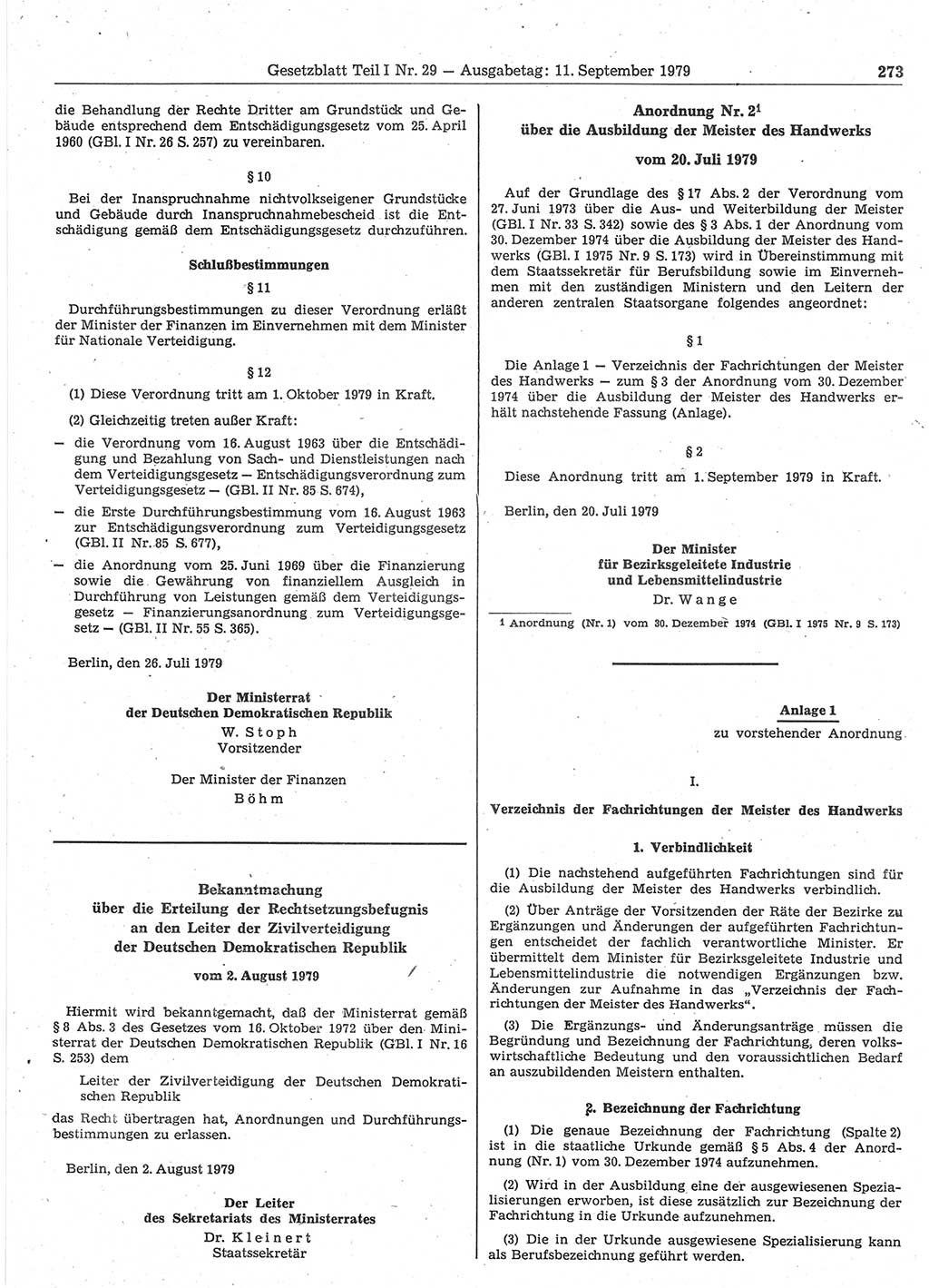 Gesetzblatt (GBl.) der Deutschen Demokratischen Republik (DDR) Teil Ⅰ 1979, Seite 273 (GBl. DDR Ⅰ 1979, S. 273)