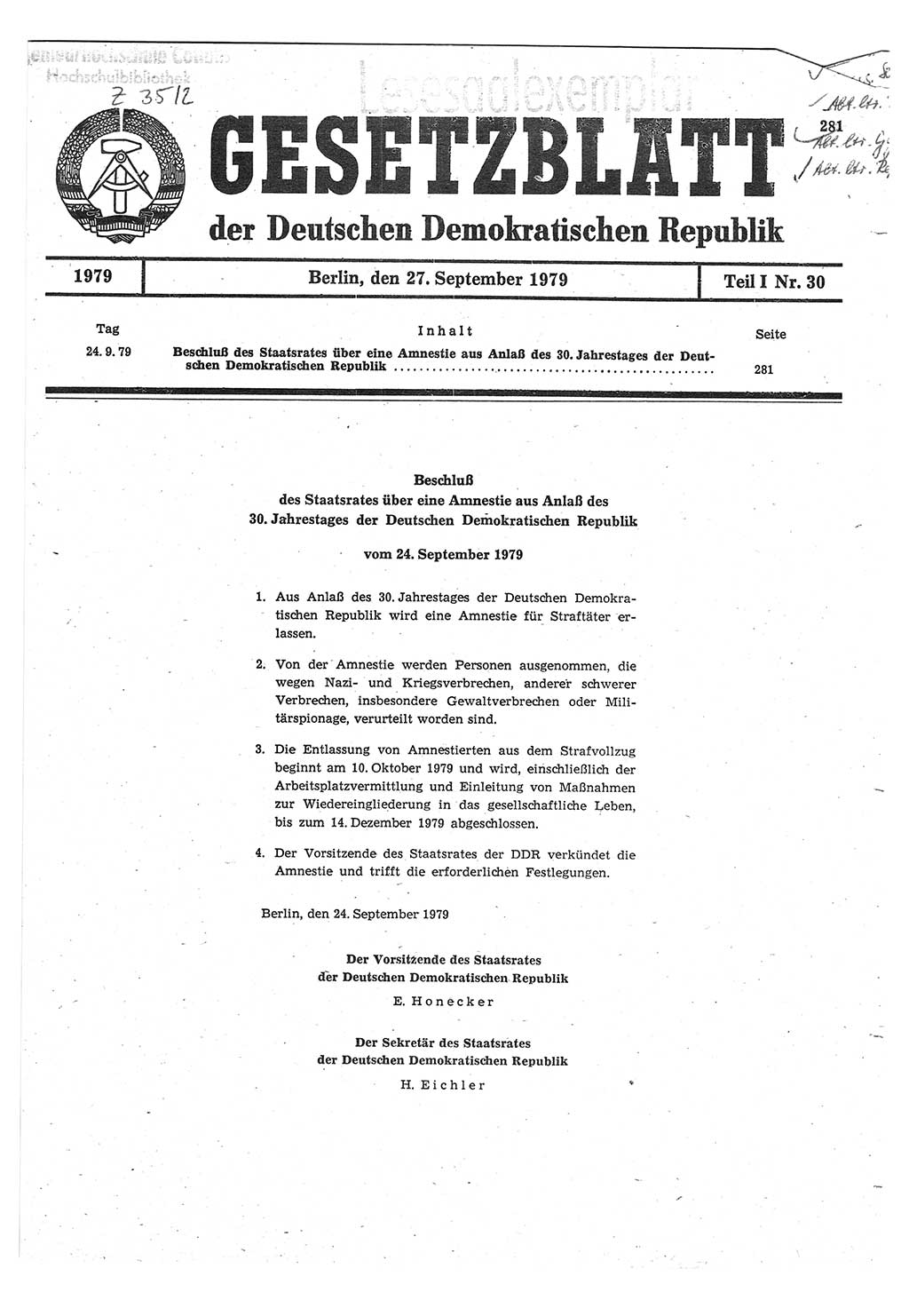 Gesetzblatt (GBl.) der Deutschen Demokratischen Republik (DDR) Teil Ⅰ 1979, Seite 281 (GBl. DDR Ⅰ 1979, S. 281)