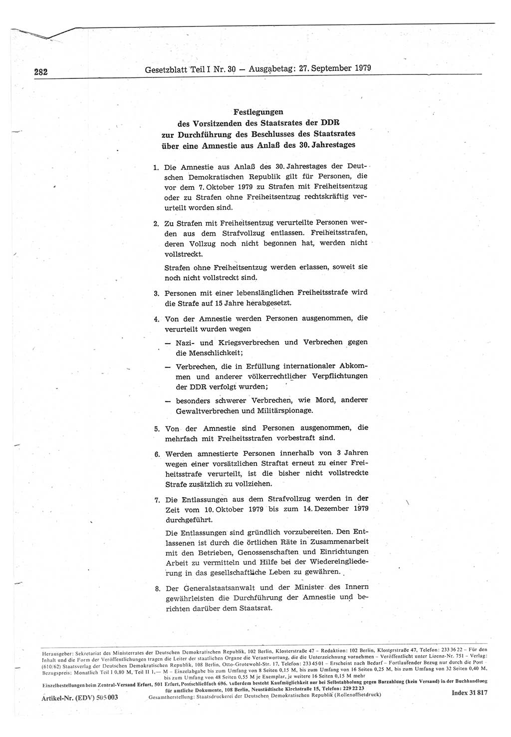 Gesetzblatt (GBl.) der Deutschen Demokratischen Republik (DDR) Teil Ⅰ 1979, Seite 282 (GBl. DDR Ⅰ 1979, S. 282)