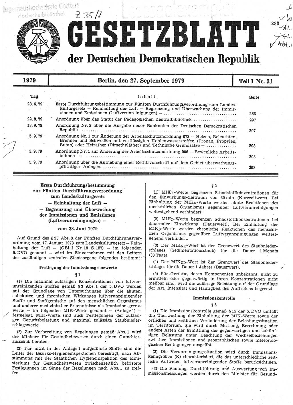 Gesetzblatt (GBl.) der Deutschen Demokratischen Republik (DDR) Teil Ⅰ 1979, Seite 283 (GBl. DDR Ⅰ 1979, S. 283)