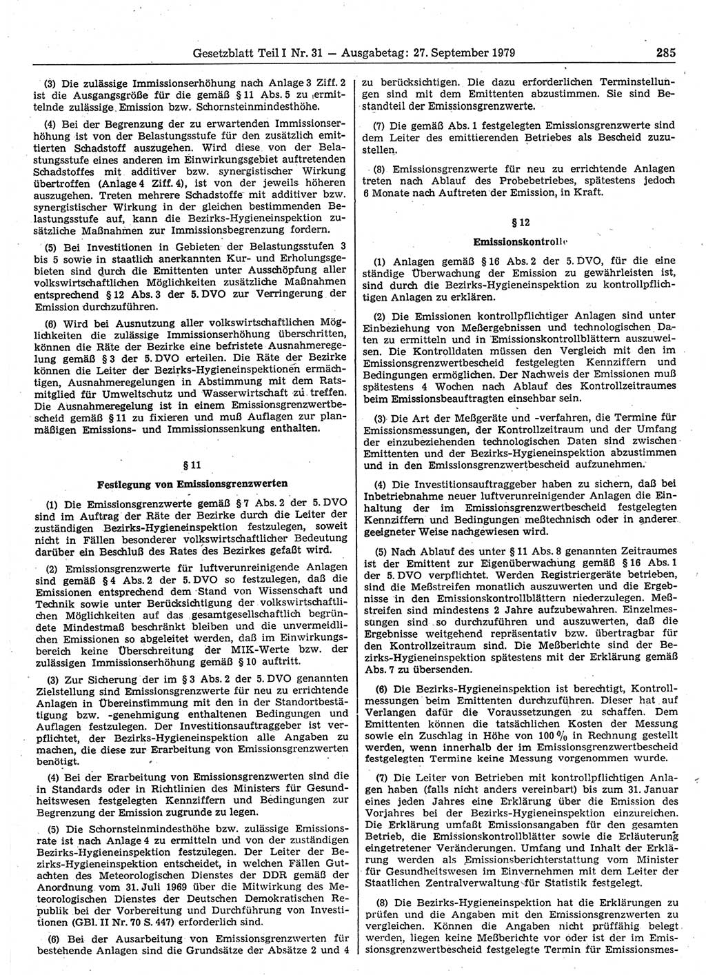 Gesetzblatt (GBl.) der Deutschen Demokratischen Republik (DDR) Teil Ⅰ 1979, Seite 285 (GBl. DDR Ⅰ 1979, S. 285)