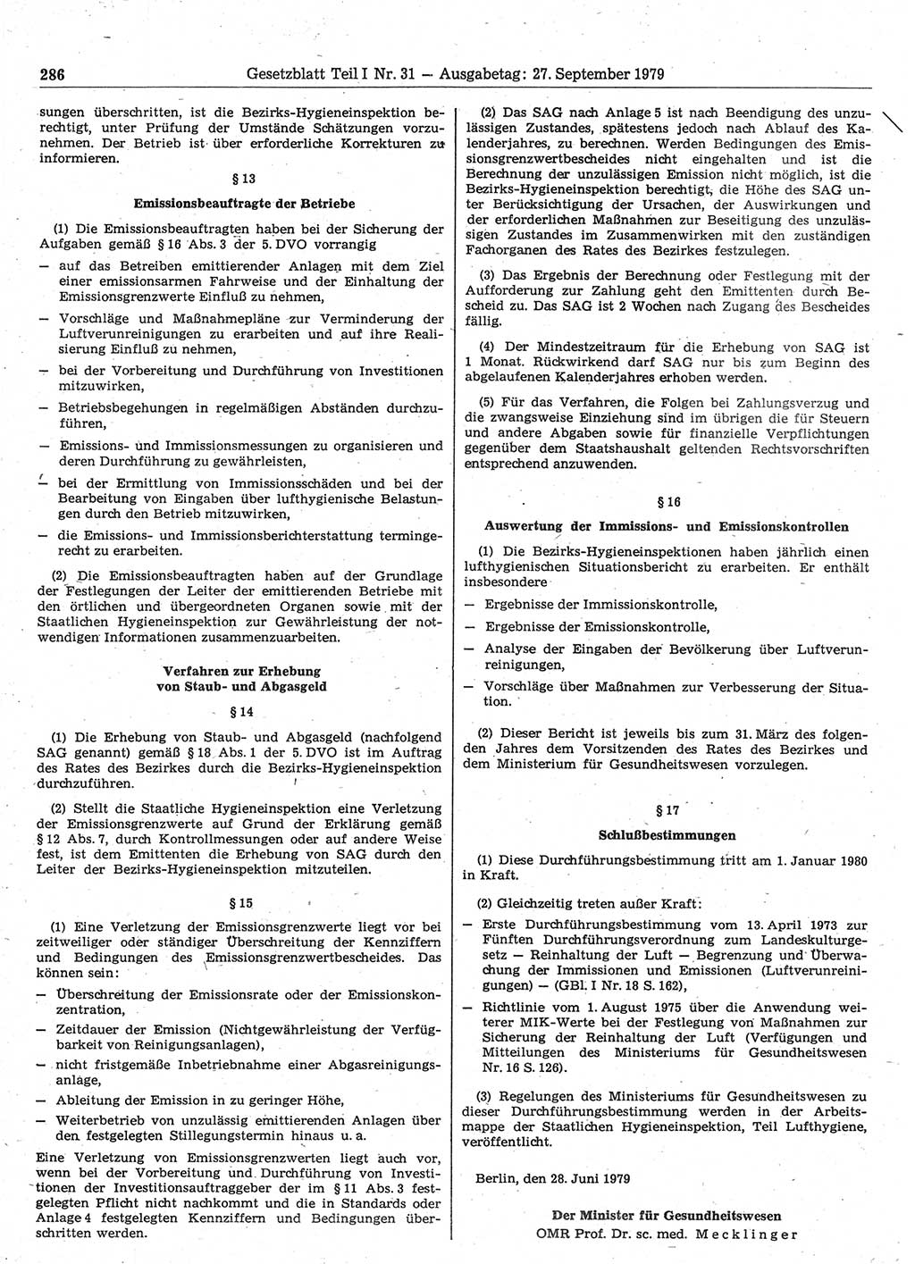Gesetzblatt (GBl.) der Deutschen Demokratischen Republik (DDR) Teil Ⅰ 1979, Seite 286 (GBl. DDR Ⅰ 1979, S. 286)