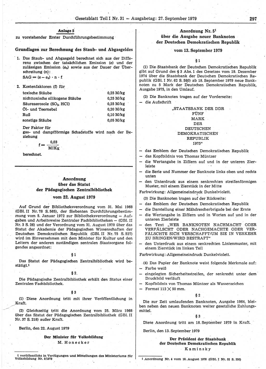 Gesetzblatt (GBl.) der Deutschen Demokratischen Republik (DDR) Teil Ⅰ 1979, Seite 297 (GBl. DDR Ⅰ 1979, S. 297)