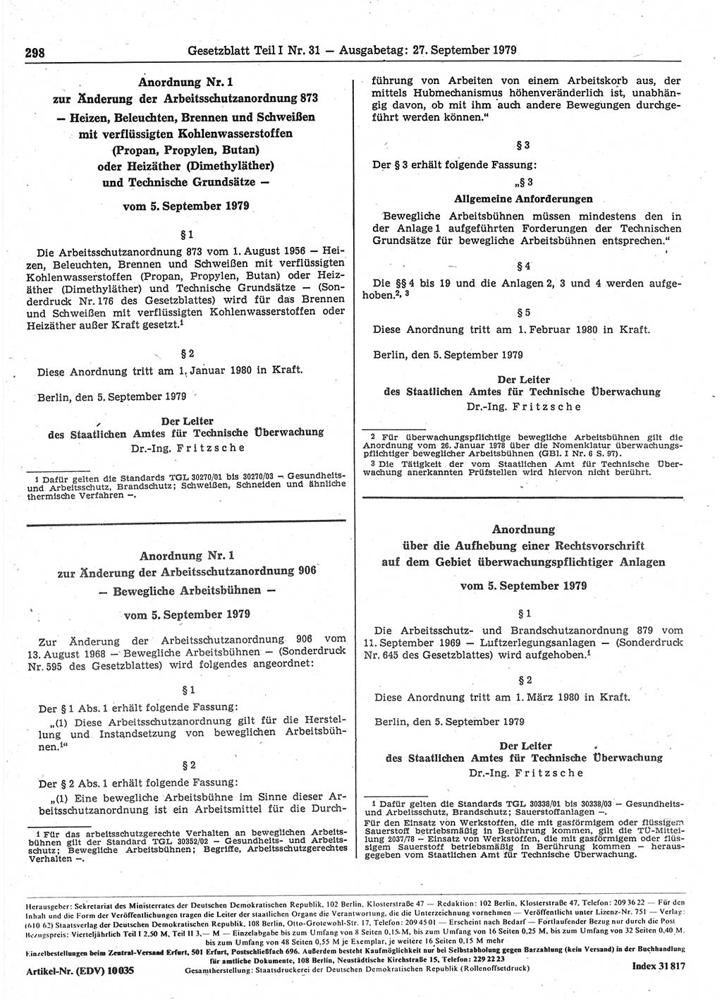 Gesetzblatt (GBl.) der Deutschen Demokratischen Republik (DDR) Teil Ⅰ 1979, Seite 298 (GBl. DDR Ⅰ 1979, S. 298)