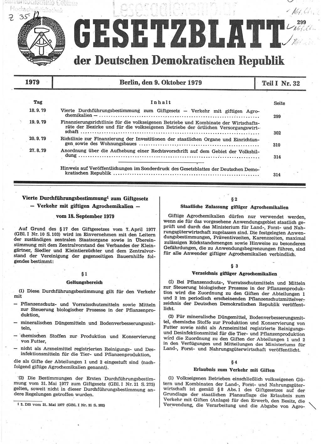 Gesetzblatt (GBl.) der Deutschen Demokratischen Republik (DDR) Teil Ⅰ 1979, Seite 299 (GBl. DDR Ⅰ 1979, S. 299)
