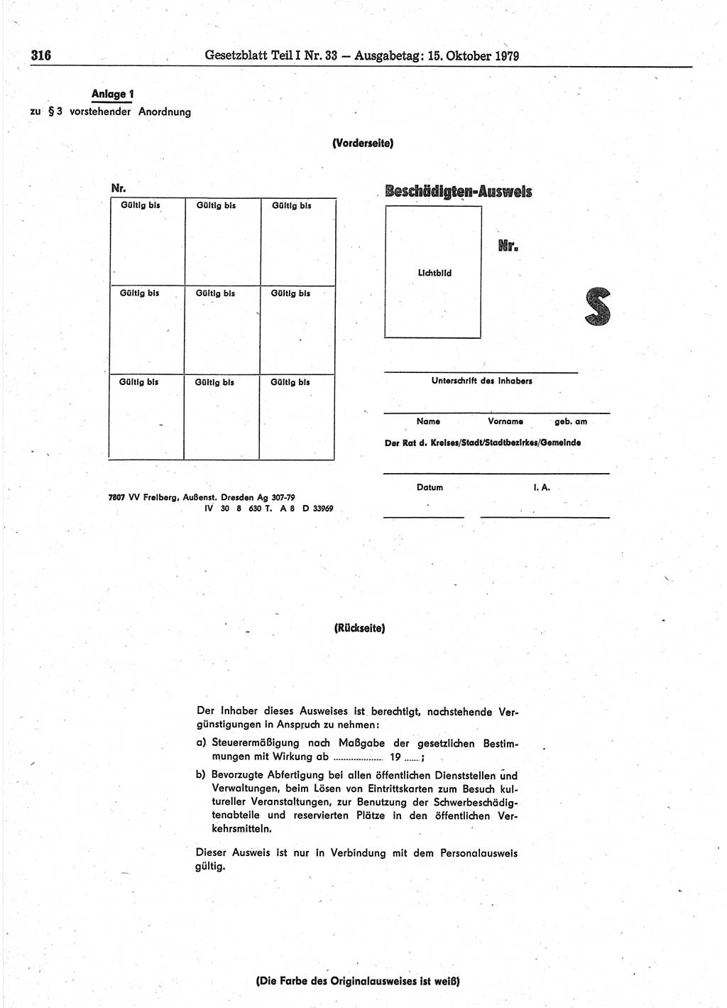 Gesetzblatt (GBl.) der Deutschen Demokratischen Republik (DDR) Teil Ⅰ 1979, Seite 316 (GBl. DDR Ⅰ 1979, S. 316)