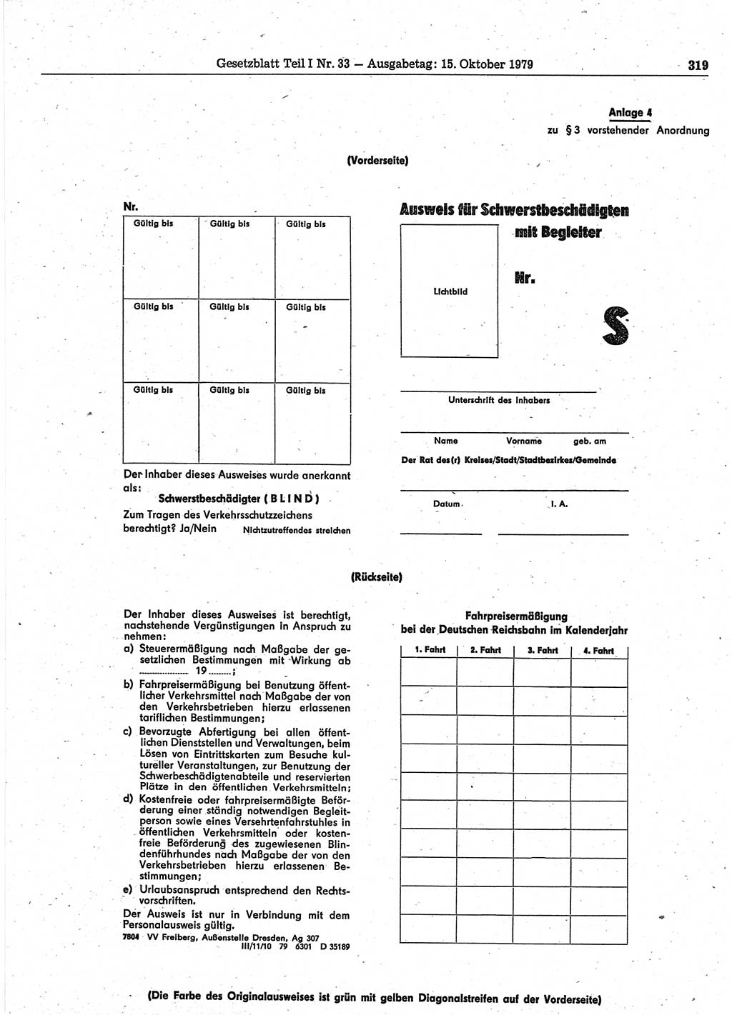 Gesetzblatt (GBl.) der Deutschen Demokratischen Republik (DDR) Teil Ⅰ 1979, Seite 319 (GBl. DDR Ⅰ 1979, S. 319)