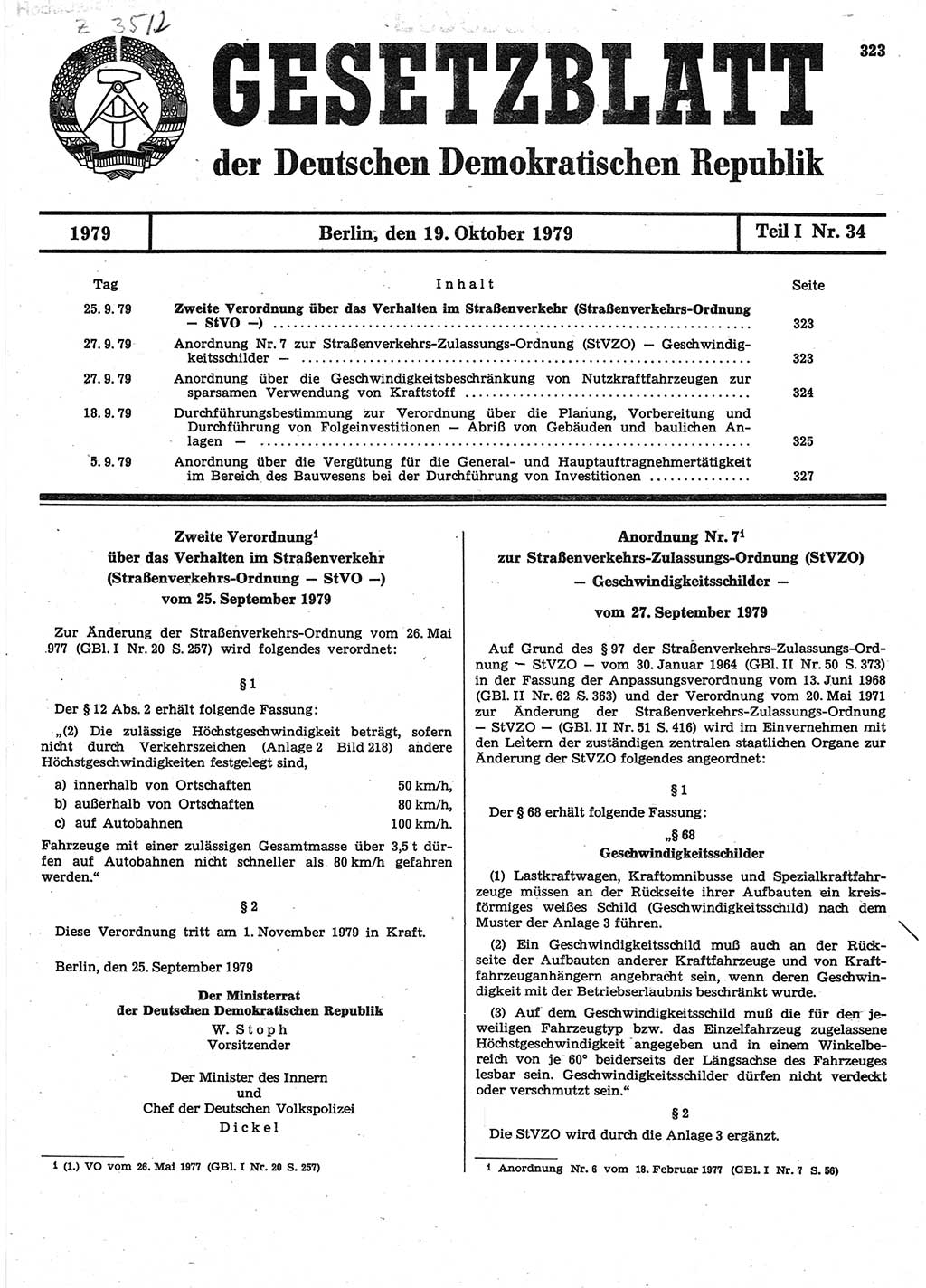 Gesetzblatt (GBl.) der Deutschen Demokratischen Republik (DDR) Teil Ⅰ 1979, Seite 323 (GBl. DDR Ⅰ 1979, S. 323)