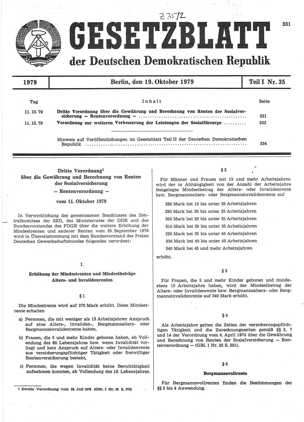 Gesetzblatt (GBl.) der Deutschen Demokratischen Republik (DDR) Teil Ⅰ 1979, Seite 331 (GBl. DDR Ⅰ 1979, S. 331)