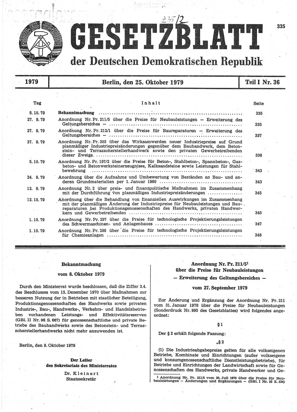 Gesetzblatt (GBl.) der Deutschen Demokratischen Republik (DDR) Teil Ⅰ 1979, Seite 335 (GBl. DDR Ⅰ 1979, S. 335)